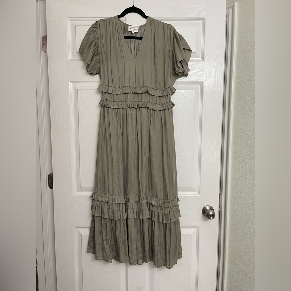 bohme Sage Green Ruffled Midi Dress